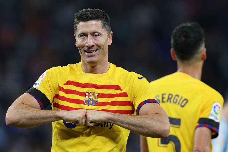 Barcelona forward Robert Lewandowski celebrates