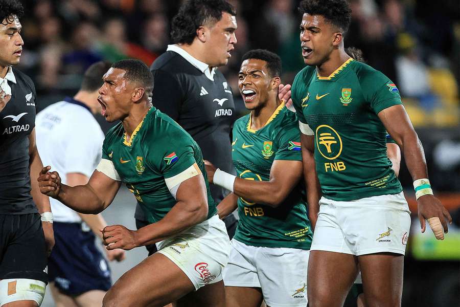 Damian Willemse celebrates after scoring a try in Wellington in 2025