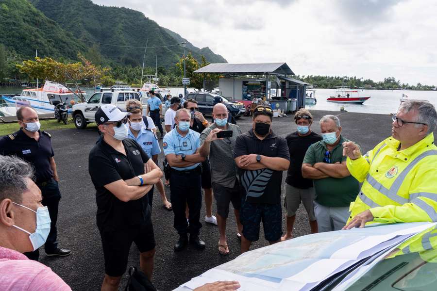 The Paris 2024 Olympic delegation visits the Teahupo'o Marina, located in front of the wave where the surfing events of the 2024 Olympics will take place