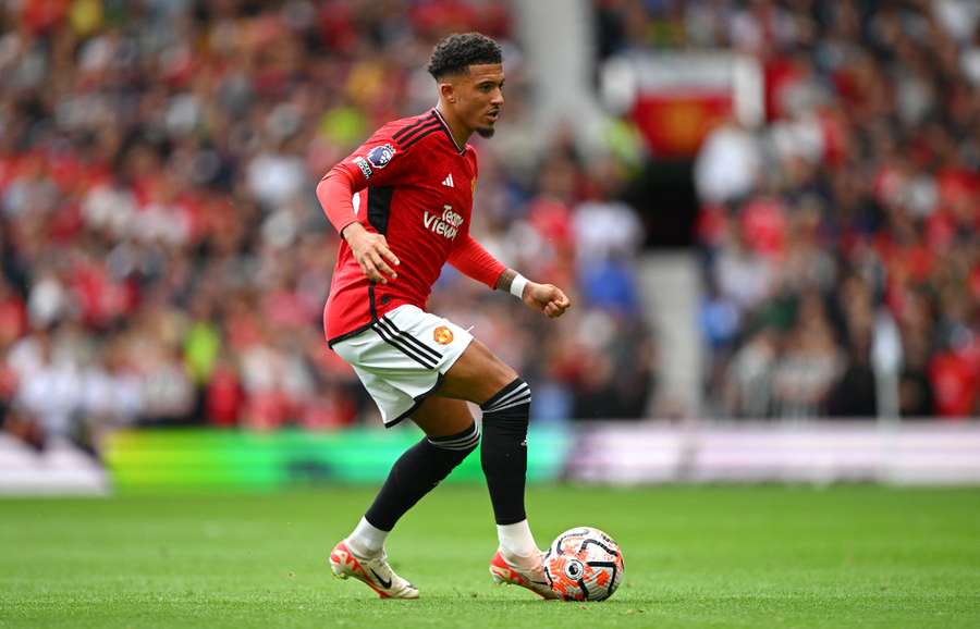 Jadon Sancho in action during the Premier League match between Manchester United and Nottingham Forest