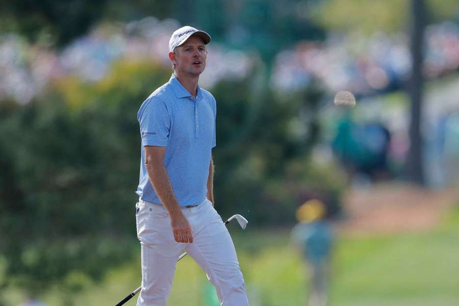 Justin Rose reacting on hole 17 during round one of The Masters (2025)