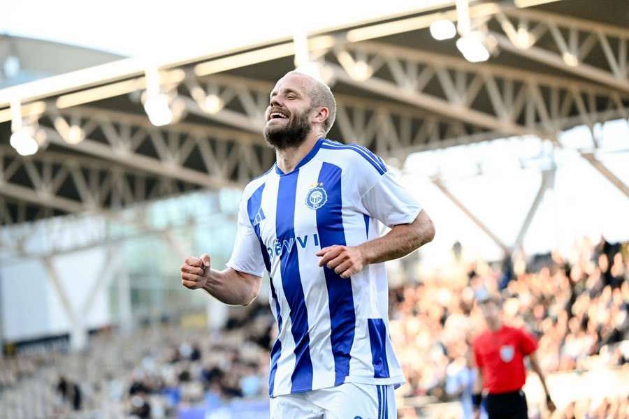 Teemu Pukki celebrates a goal for HJK