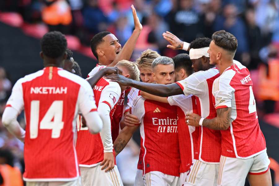 Arsenal celebrate Trossard's equaliser in the Community Shield