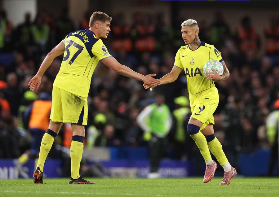 Richarlison celebrates scoring their first goal with Micky van de Ven Richarlison celebrates scoring their first goal with Micky van de Ven