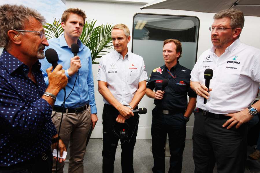 Archive photograph of Eddie Jordan and Jake Humphrey talking with Martin Whitmarsh, Christian Horner and Ross Brawn in 2010