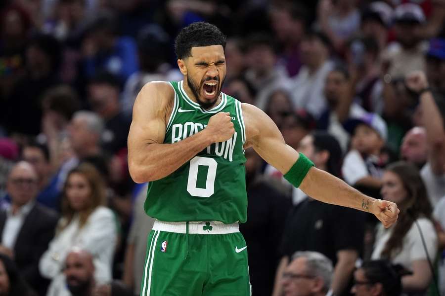 Celtics Jayson Tatum celebrates during Game 3 vs. Philadelphia 76ers