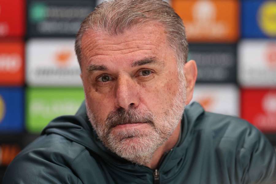 Ange Postecoglou looks on during a press conference ahead of Tottenham's match against Eintracht Frankfurt on Thursday