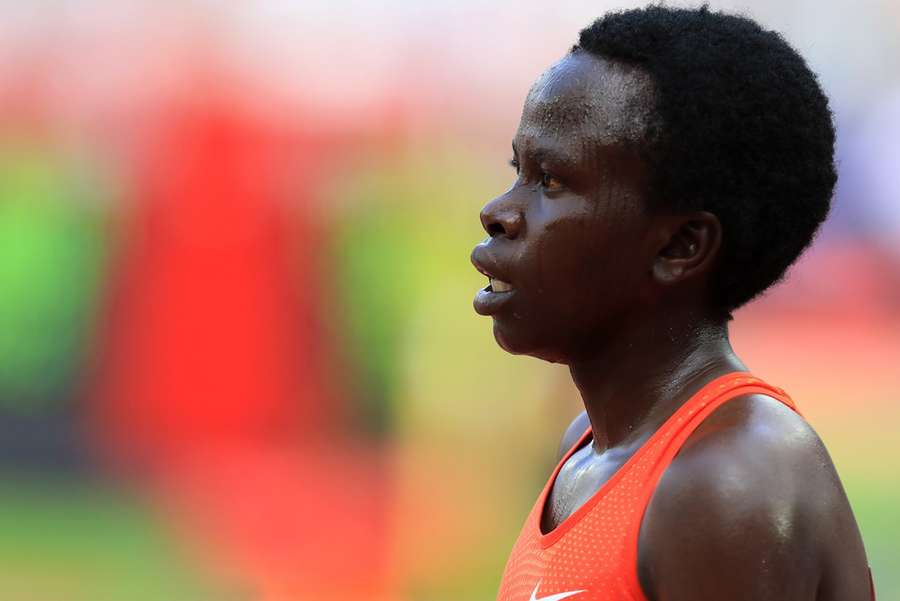 Lilian Kasait Rengeruk recovers after winning the women's 3000m on day 1 of Diamond League Athletics, 2018