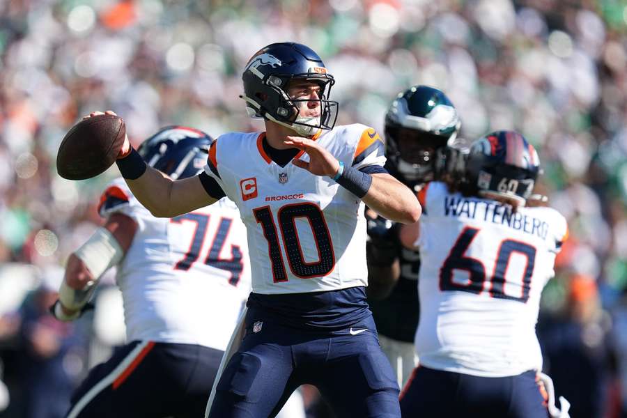 Bo Nix of the Denver Broncos throws a pass during the third quarter against the Philadelphia Eagles