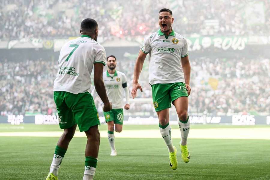 Paulos Abraham and Jusef Erabi celebrate Hammarby's first goal against Djurgarden