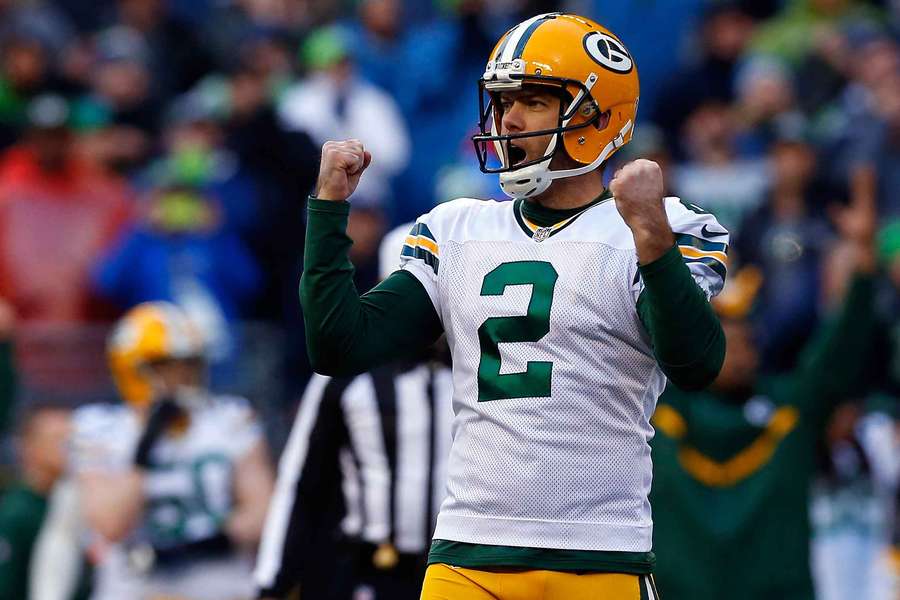 Green Bay Packers kicker Mason Crosby celebrates after making a field goal during the NFC Championship game (2015)