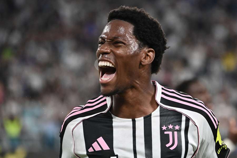 Juventus' Canadian forward Jonathan David celebrates scoring his team's first goal against Parma