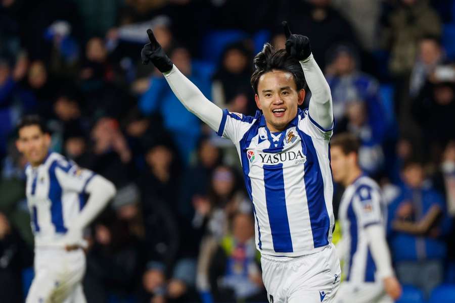 Takefusa Kubo of Real Sociedad celebrates scoring his team's only goal against Villarreal
