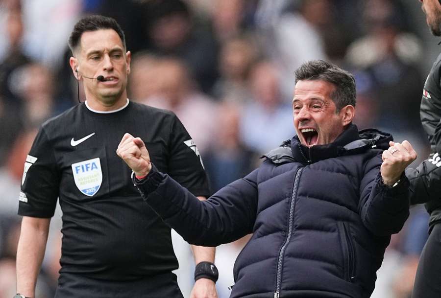 Fulham's main coach Marco Silva celebrates the opening of goal against Chelsea 20. April 2025. Years Fulham's main coach Marco Silva celebrates the opening of goal against Chelsea 20. April 2025. Years