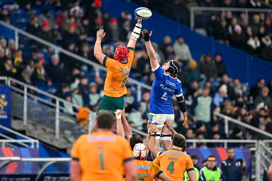 Harry Wilson competes in a lineout against France last November.