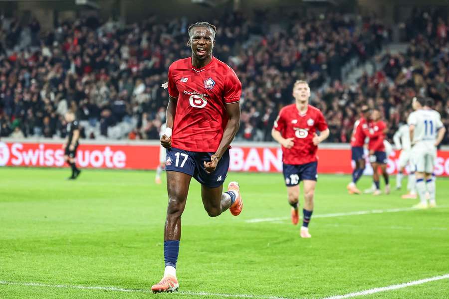 Lille's Congolese midfielder Ngal'ayel Mukau celebrates scoring his team's second goal