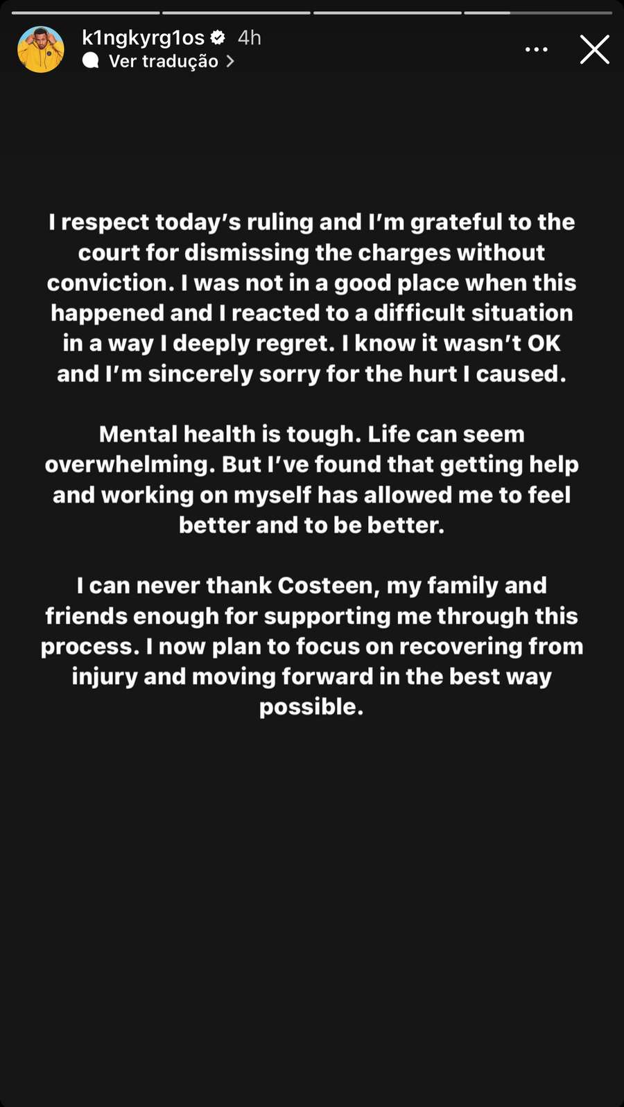 A publicação de Nick Kyrgios no seu Instagram A publicação de Nick Kyrgios no seu Instagram