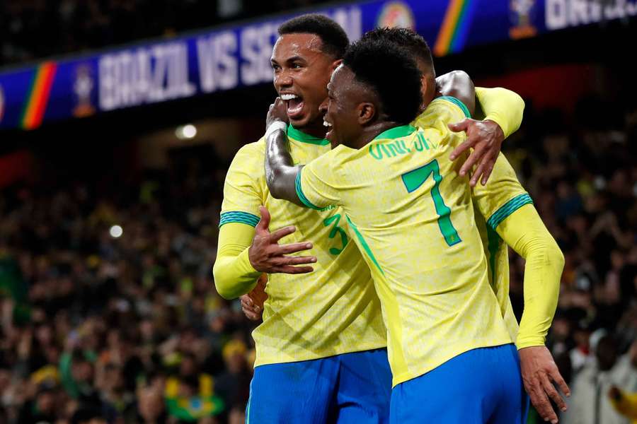 Brazil's Casemiro is mobbed by Gabriel Magalhaes and Vinicius Junior after scoring against Senegal Brazil's Casemiro is mobbed by Gabriel Magalhaes and Vinicius Junior after scoring against Senegal