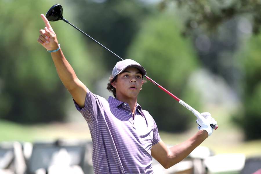 Charlie Woods reacts during U.S. Junior Amateur at Brook Hollow Golf Club