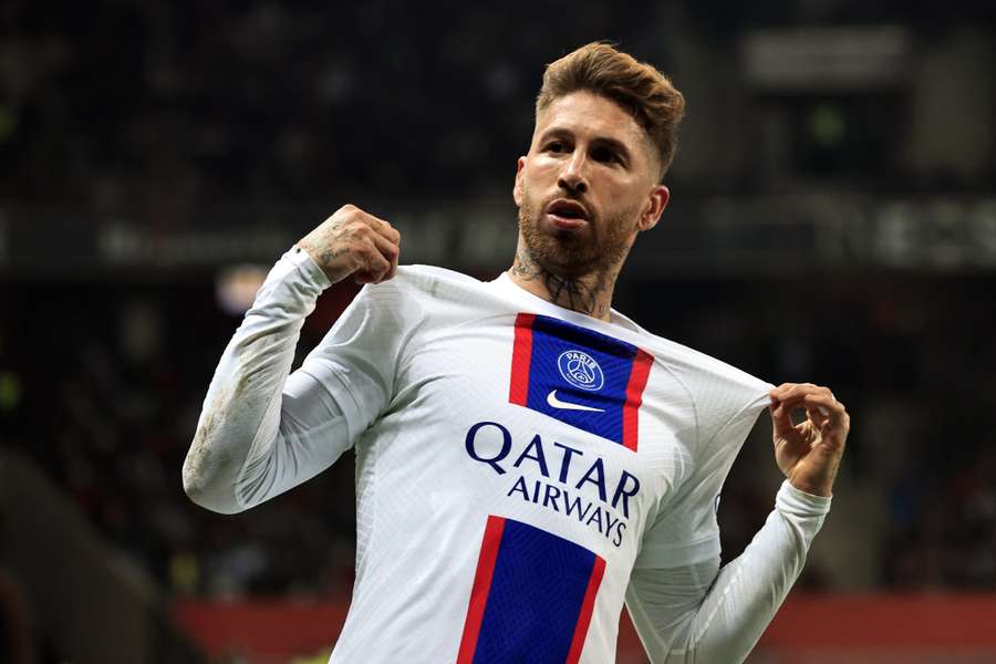 Paris Saint-Germain's Spanish defender Sergio Ramos celebrates after scoring