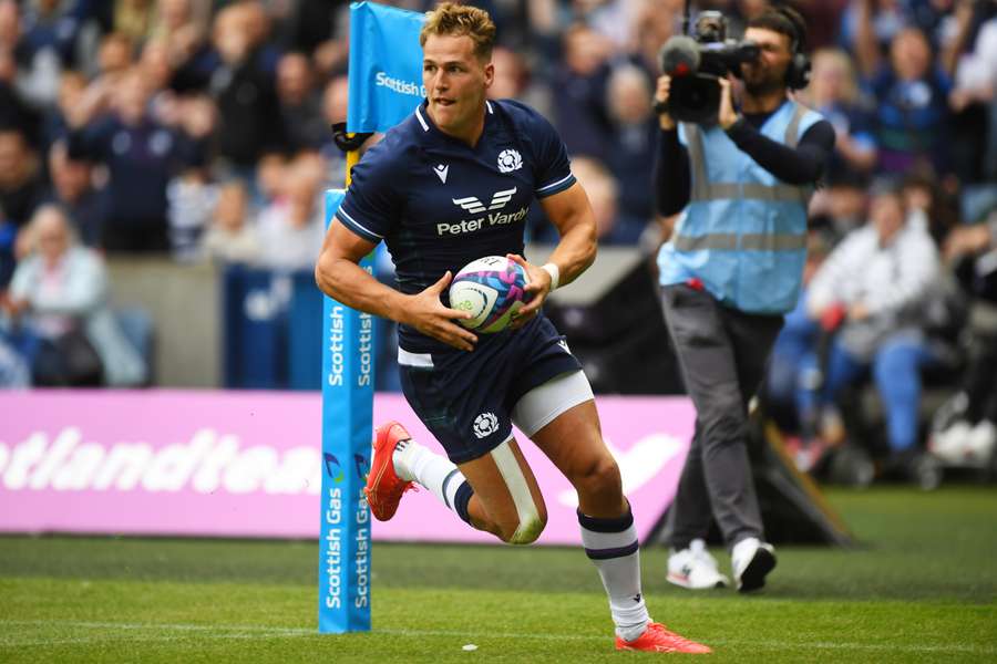 Duhan van der Merwe scores the first of Scotland's five tries in a 33-6 Rugby World Cup warm-up win over Georgia at Murrayfield