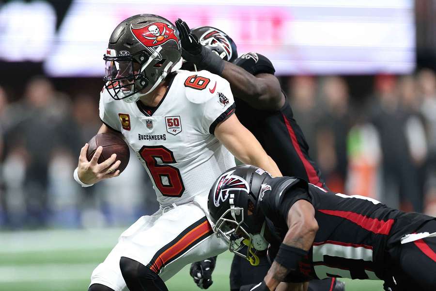 Bucs QB Baker Mayfield chased by Atlanta Falcons defenders during Week 1 of the 2025 NFL Season Bucs QB Baker Mayfield chased by Atlanta Falcons defenders during Week 1 of the 2025 NFL Season