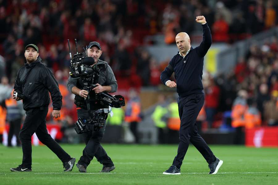 Slot acknowledges the crowd after Liverpool's win