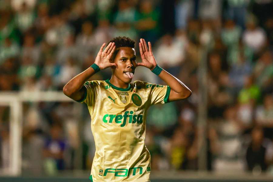 Palmeiras' Estevao celebrates his goal against Juventude in the Brazilian Serie A