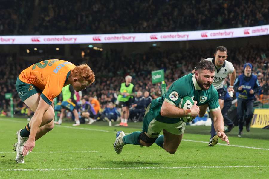 Robbie Henshaw scores Ireland's final try in their weekend thrashing of Australia.