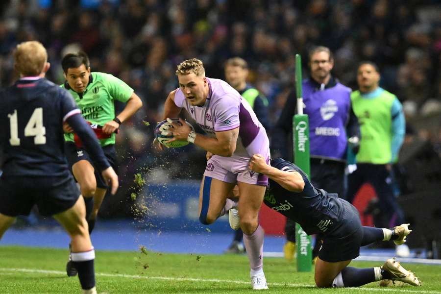 Scotland's Duhan van der Merwe attempts to break a tackle from USA's Dominic Besag last weekend. Scotland's Duhan van der Merwe attempts to break a tackle from USA's Dominic Besag last weekend.