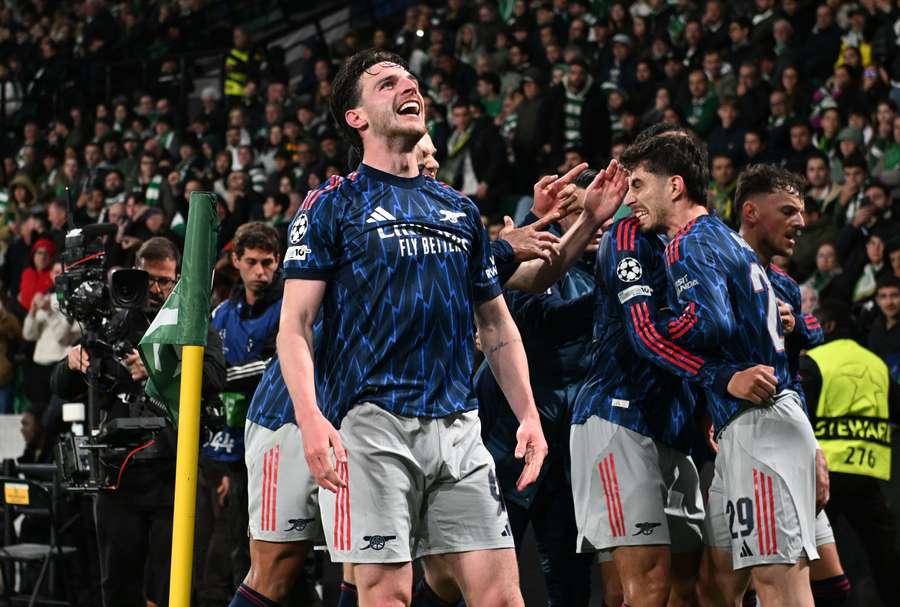 Declan Rice z Arsenalu cieszy się podczas meczu Ligi Mistrzów UEFA