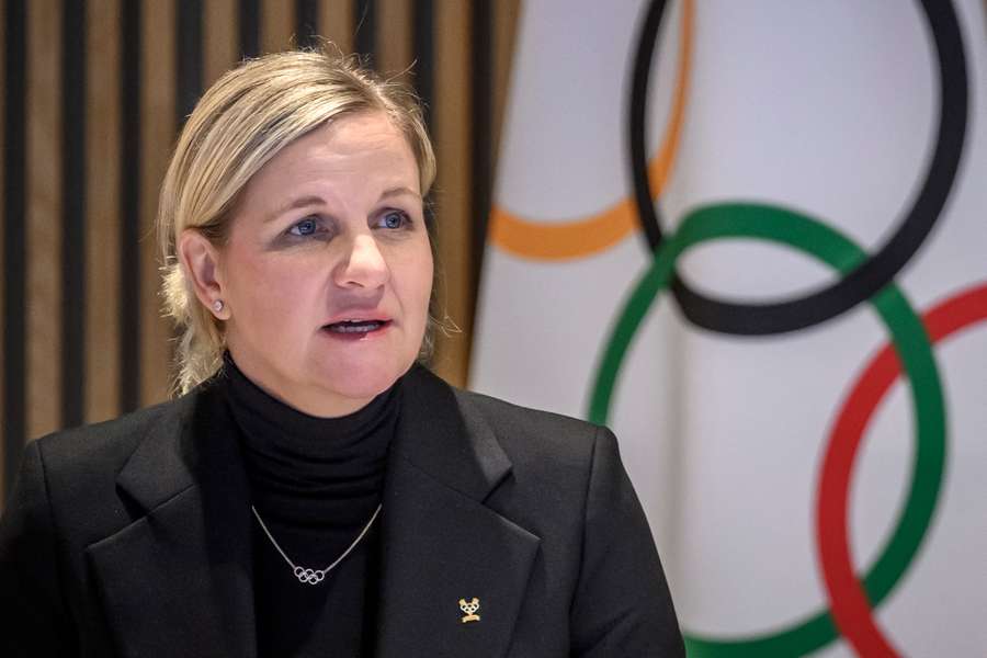 IOC president Kirsty Coventry speaks during the opening of an IOC executive commission meeting at the Olympic House in Lausanne on Tuesday