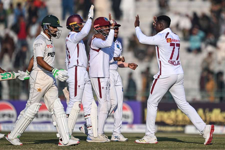 West Indies celebrate the dismissal of Babar Azam