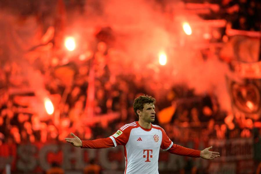 Bayern Munich's Thomas Muller gestures against Bayer Leverkusen