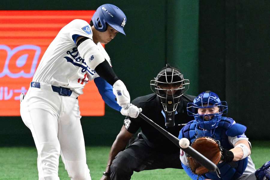 Los Angeles Dodgers Shohei Ohtani hits his first solo home run of the season against the Chicago Cubs at the Tokyo Dome
