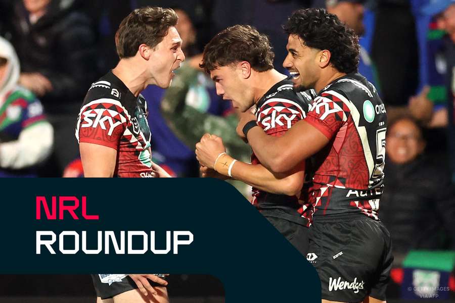 Chanel Harris-Tavita, Alofiana Khan-Pereira and Luke Metcalf celebrate a try scored during the Warriors' season-defining win over the Panthers. Chanel Harris-Tavita, Alofiana Khan-Pereira and Luke Metcalf celebrate a try scored during the Warriors' season-defining win over the Panthers.