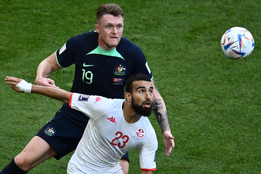 Souttar challenges for the ball against Tunisia