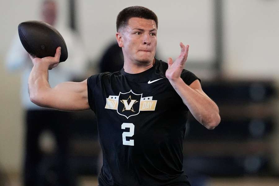 Quarterback Diego Pavia throwing the football at the Vanderbilt's pro day 