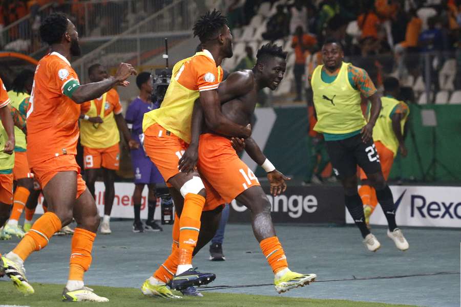 Ivory Coast celebrate scoring their second goal against Mali