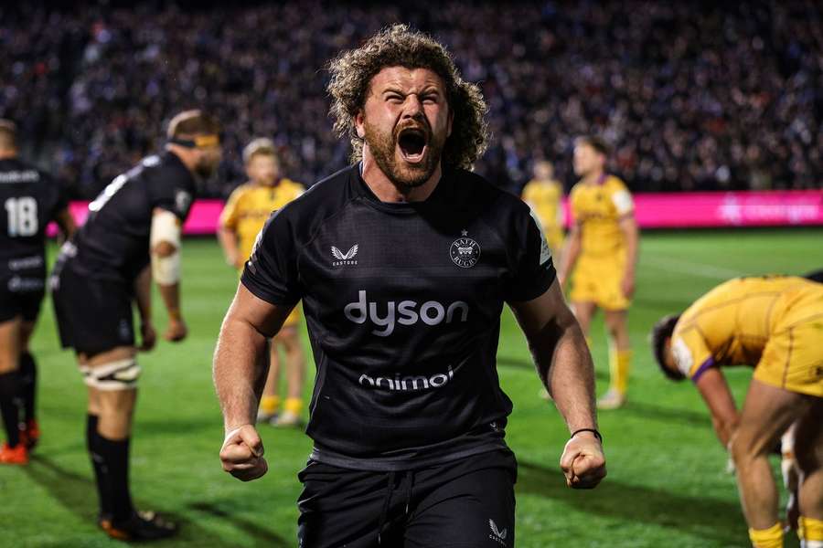 Alfie Barbeary celebrates at the final whistle