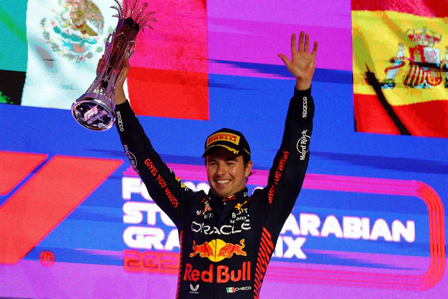 Sergio Perez celebrates his race victory on Sunday