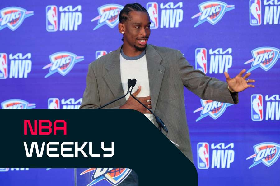 Oklahoma City Thunder guard Shai Gilgeous-Alexander speaks during a news conference after being named MVP