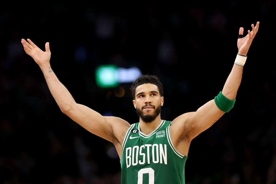 Boston's Jayson Tatum celebrates his 51-point performance in the Celtics' series-clinching victory over the Philadelphia 76ers