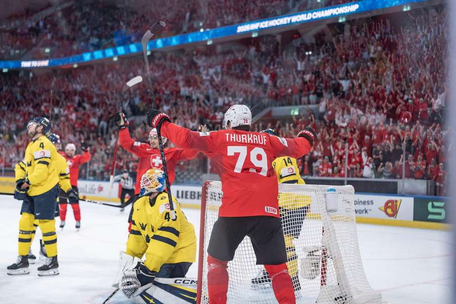 Calvin Thurkauf celebrates his goal against Sweden Calvin Thurkauf celebrates his goal against Sweden