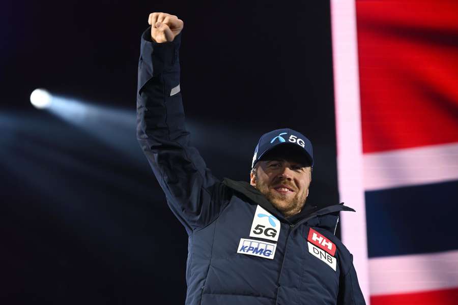 Norway's Aleksander Aamodt Kilde celebrates during the award ceremony for the Men's Super-G event of the FIS Alpine Ski World Championship 2023 in Meribel