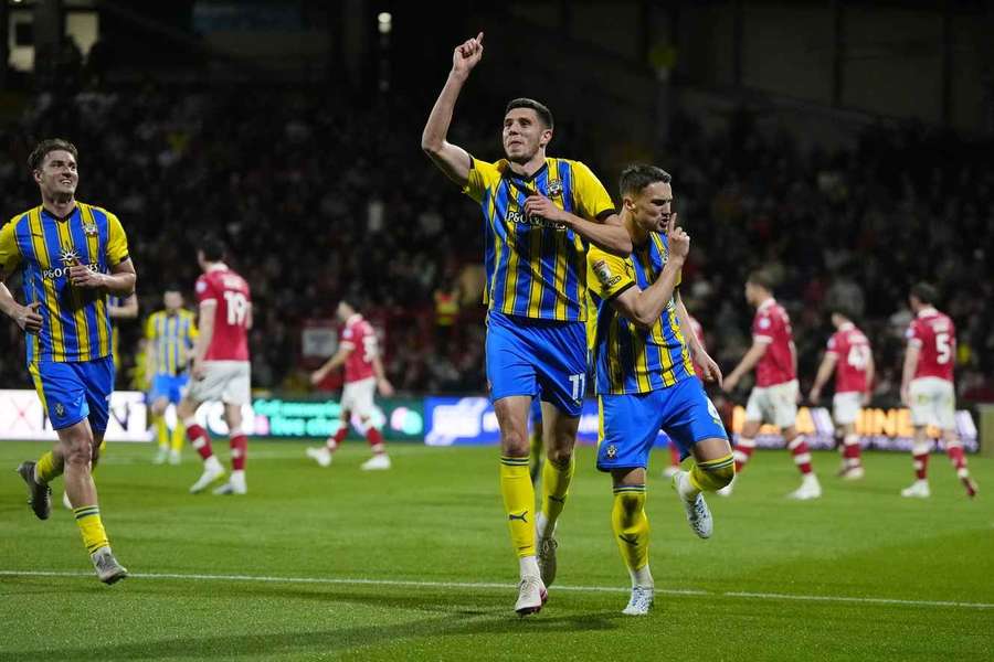 Southampton's Ross Stewart (centre) celebrates after scoring his sides fourth goal