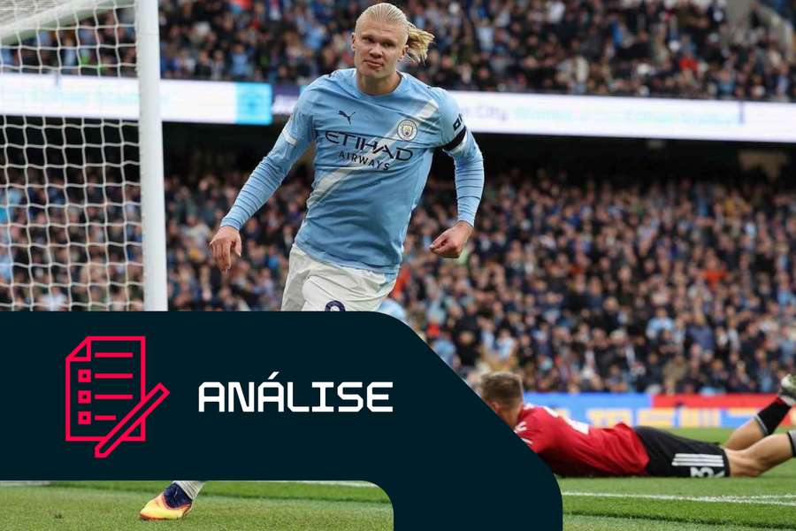 Erling Haaland, do Manchester City, festeja depois de marcar contra o Manchester United