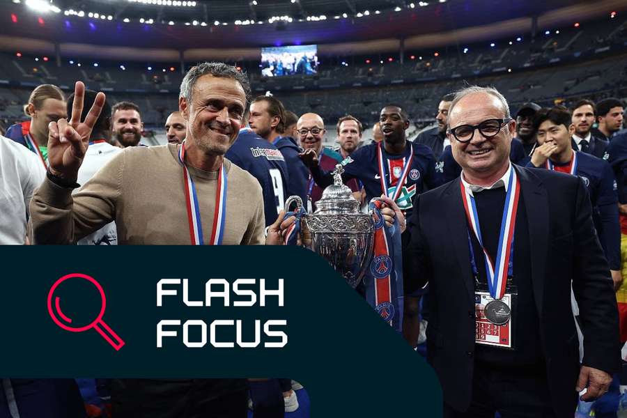 Luis Enrique e Luis Campos após a vitória na Taça França contra o Stade de Reims