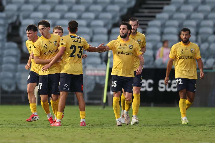 Bailey Brandtman and his Mariners teammates celebrate a goal at the weekend.