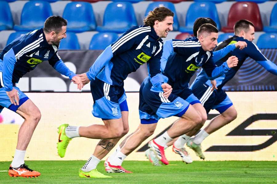 Ukraine players in training ahead of their qualifying match.
